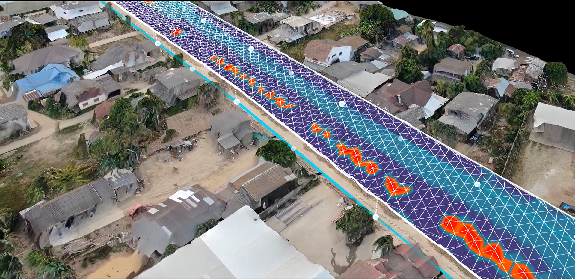 Drone orthomosaic with road mesh and anomaly markers