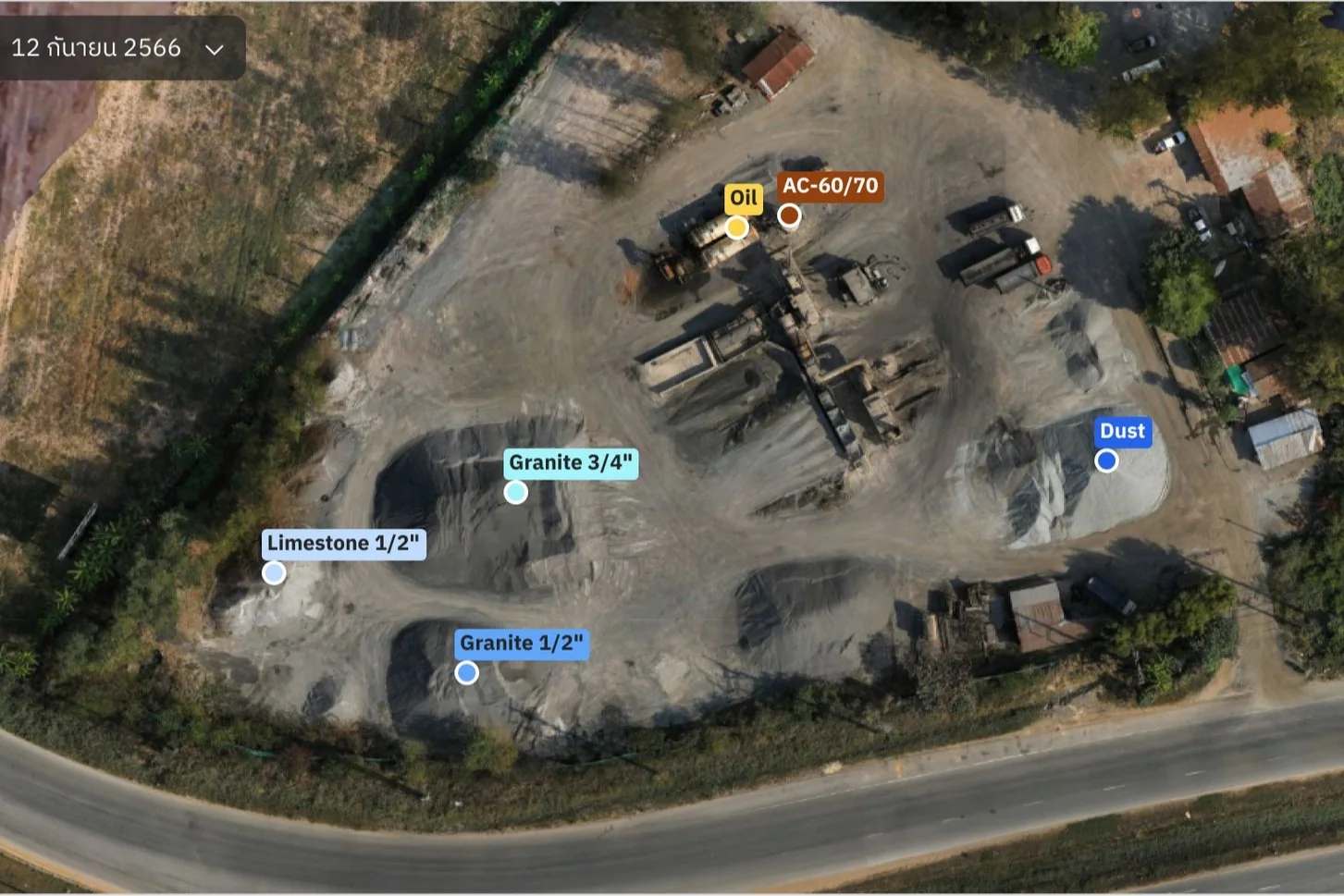 Aerial stockpile yard with material tags