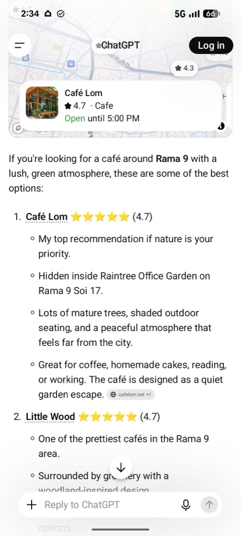 ChatGPT answering “Recommend me cafe in rama 9 with lots of nature” and recommending Café LOM.