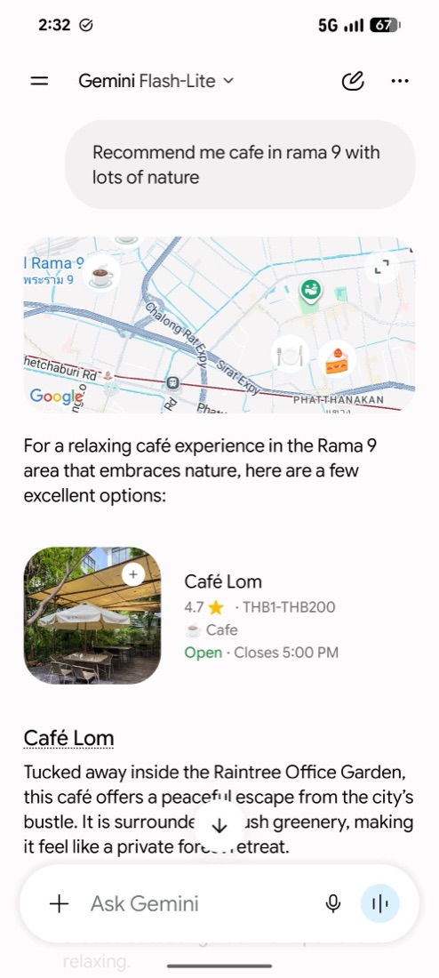 Gemini answering “Recommend me cafe in rama 9 with lots of nature” and recommending Café LOM.