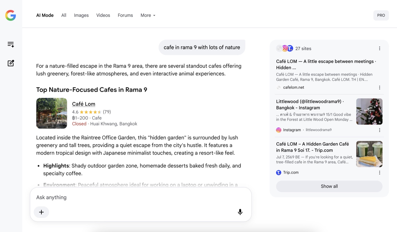 Google AI Mode answering “cafe in rama 9 with lots of nature” and recommending Café LOM, citing cafelom.net.