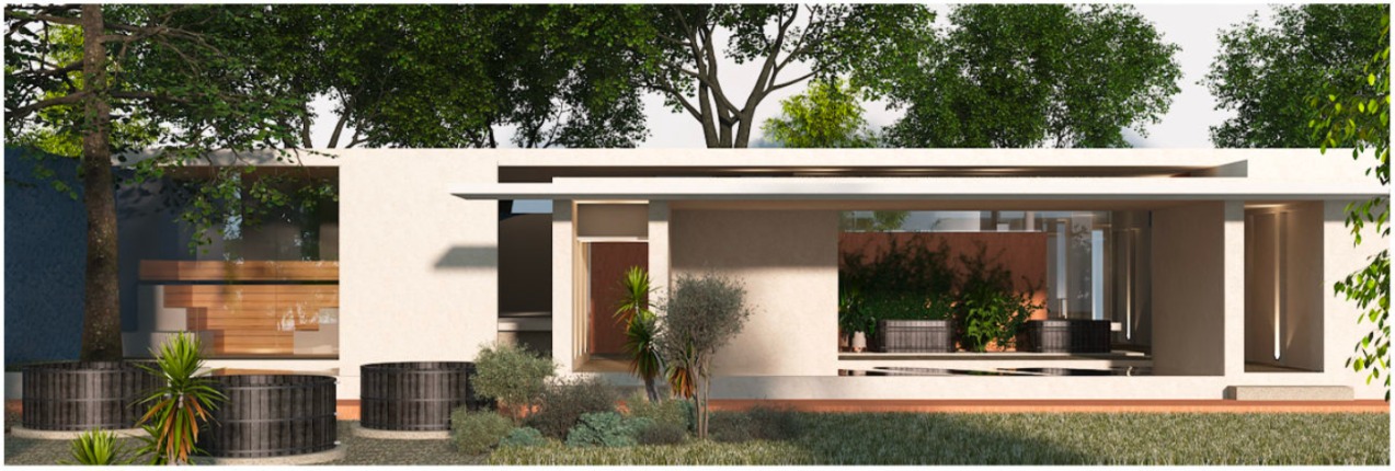 Low modern courtyard facade with plunge tubs