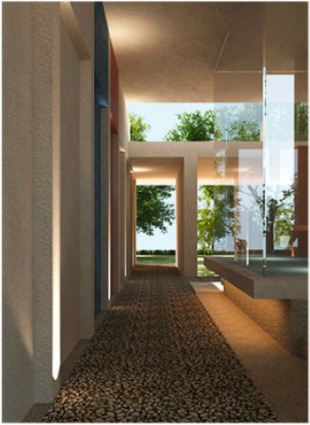 Glass corridor with garden light