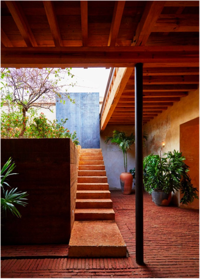 Warm brick courtyard stair